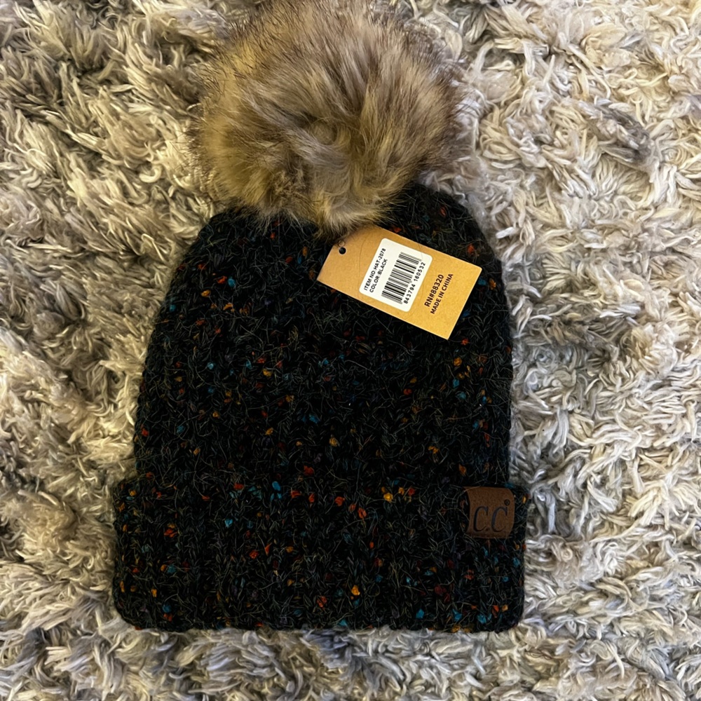 CC Black Knit Beanie with Faux Fur Pom